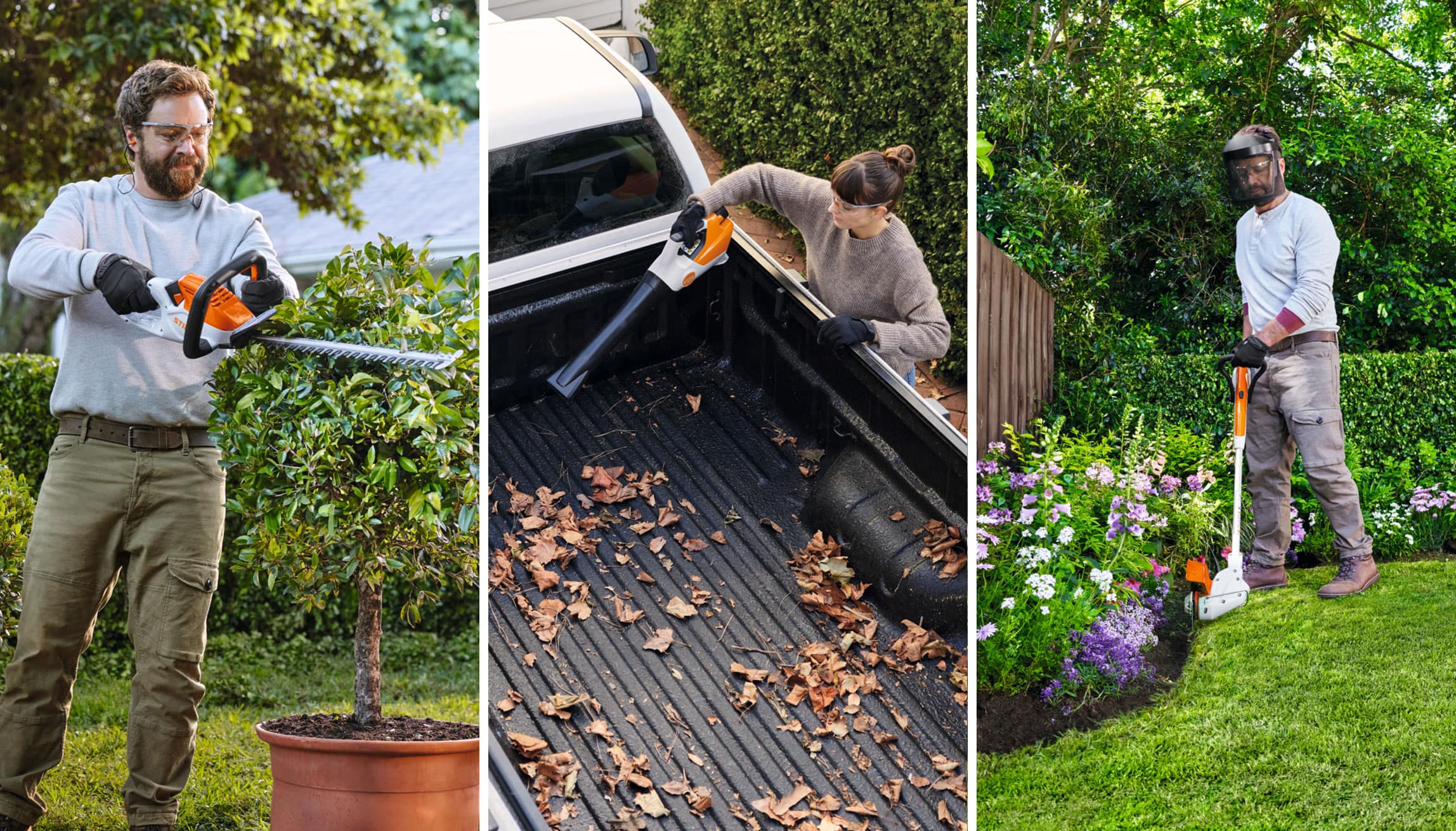 Maskiner från serien STIHL AS-System, HSA 40 batteridriven häcksax, SEA 20 batteridriven handdammsugare, FSA 30 batteridriven röjsåg