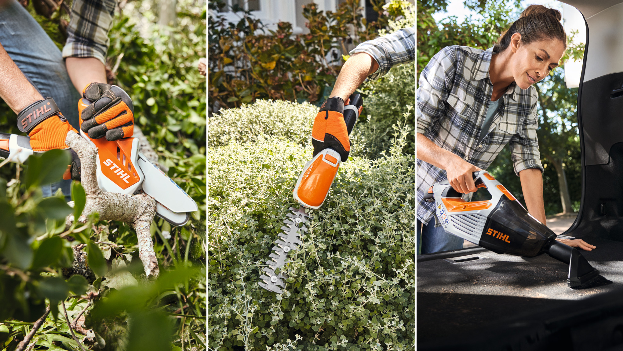 STIHL AS-System batteridrivna maskiner: GTA 26 batteridriven grenkap, HSA 26 batteridriven häcksax och SEA 20 batteridriven handdammsugare