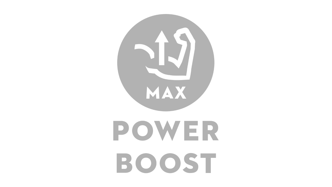 Ikon med en vinklad överarm och en pil som pekar uppåt med texten ”Max” och ”Power Boost” 